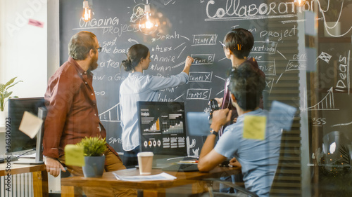 Diverse Team of Young Developers Draw Work Plan on a Blackboard Wall, Have Heated Discussion. Creative Office Space with Stylishly Dressed People. photo