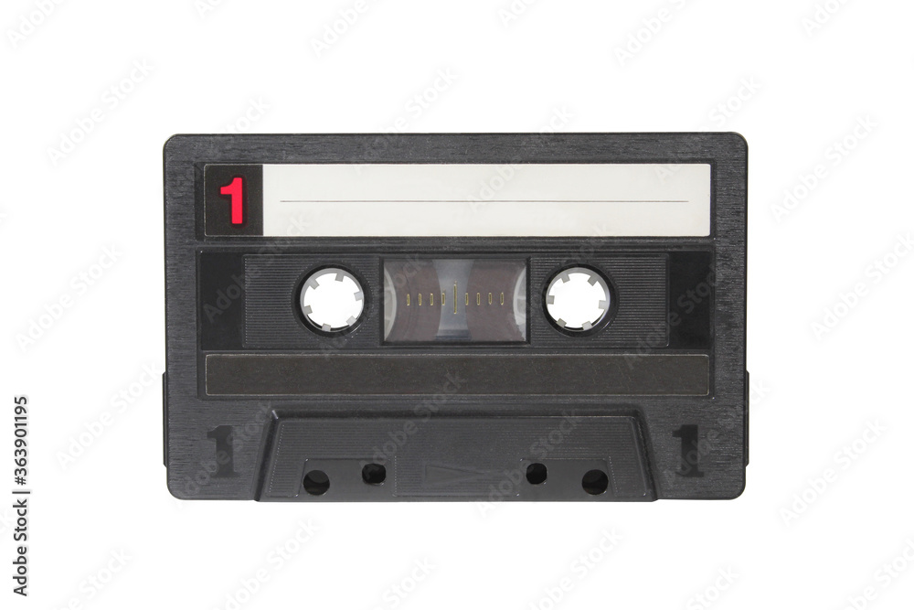 Black cassette isolated on white background. Audio tape macro photo Black cassette isolated on white background. Audio tape macro photo