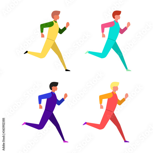 Set of Running People Vector Illustration. Men in Colorful Shirts Jogging. Abstract Running Sports Flat Design.