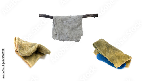  Old dirty torn rag isolated on white background. Cleaning rag.
