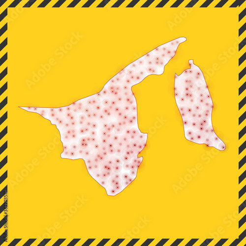 Brunei closed - virus danger sign. Lock down country icon. Black striped border around map with virus spread concept. Vector illustration.