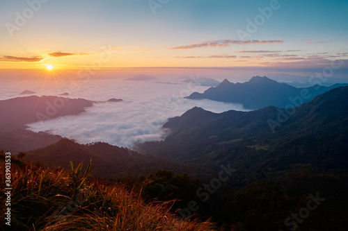 Beautiful mountains landscape. Sunrise on Phu Chi Fa, North Thailand.