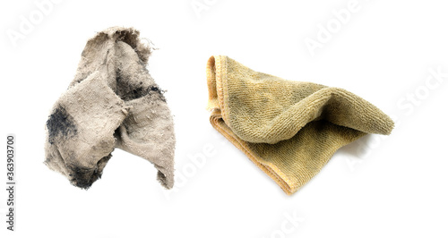  Old dirty torn rag isolated on white background. Cleaning rag.