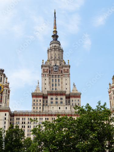 view of tower of Main Building of Moscow State University (Lomonosov State University of Moscow) from east side on Lebedev street on summer day