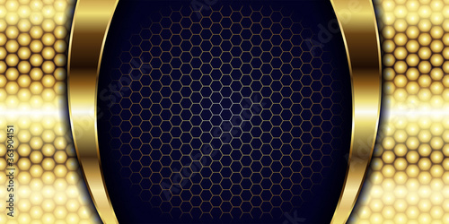 Luxury navy blue overlap background with realistic gold line and hexagon on shiny golden