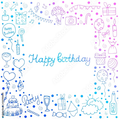 Happy Birthday.White background. . Vector file. Cute set with cake, balloons, candles, sweets.  Doodle style. Heart.Vector isolated illustration with elements for a holiday