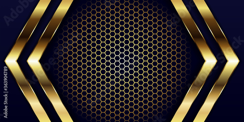 Luxury navy blue overlap background with realistic gold line and hexagon on shiny golden