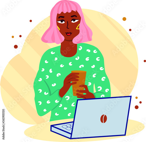 Pink-haired hipster girl with coffee working or chatting at a notebook. Young woman freelancer wearing oversize sweeter sitting at a laptop. Flat vector illustration.