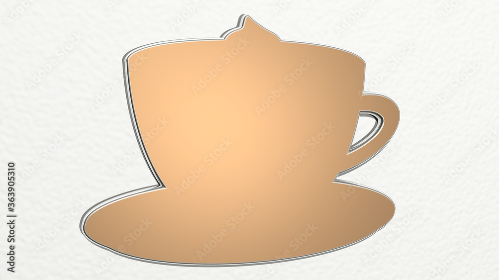 coffee made by 3D illustration of a shiny metallic sculpture on a wall with light background. cup and cafe coffee made by 3D illustration of a shiny metallic sculpture on a wall with light background. cup and cafe