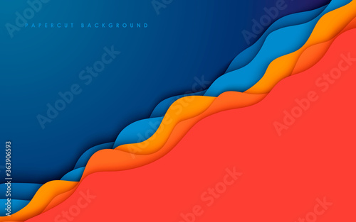 Abstract papercut background. Orange and blue modern wavy layers composition.