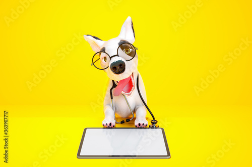 Small dog sitting on table. Wearing stethoscope and glasses. He looks like a doctor Tablet on table for your text on Yellow background. 3D Render.