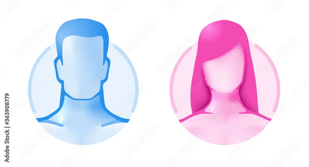 Gender avatar profile of a man and a woman in a circle. Volume 3d portrait of symbol healthy people. Anonymous default users are male and female bare. For dating, clothes, wc and other signs.