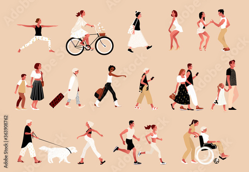 Crowd of tiny people. Outdoor activities. Group of male and female cartoon characters walking, dancing, running, doing yoga, cycling. Flat vector illustration.