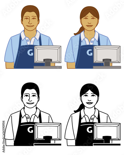 set of cashier, clerk vector icons male and female, wearing apron with register, isolated on a white background