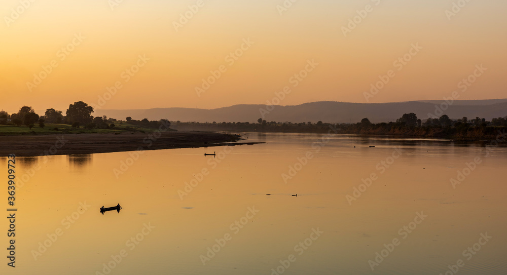 Scenic view of holy river Narmada at Hathnora Ghat, Madhya Pradesh, India.