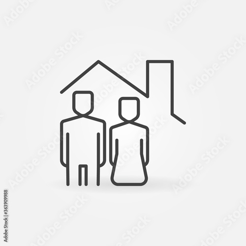 Woman and Man under House Roof line icon. Staying at home outline vector concept symbol or design element
