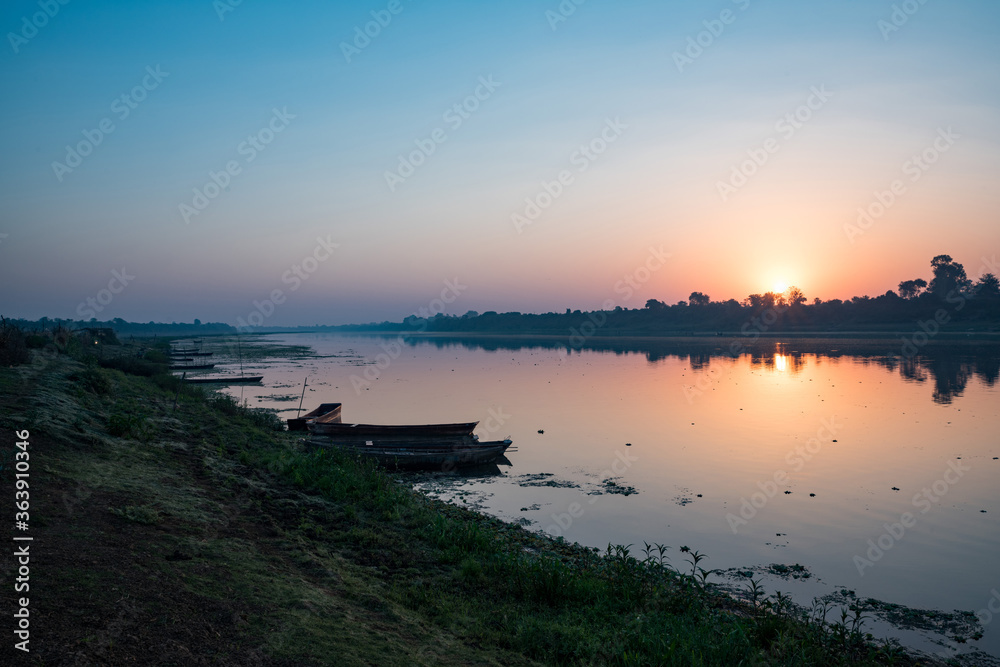 Morning view of beautiful River Narmada at Shahganj near Budhni, Madhya Pradesh, India.