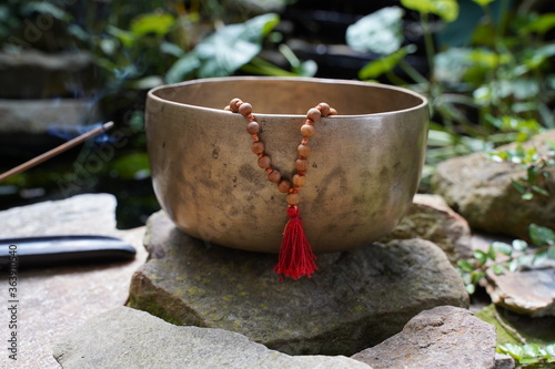 Bronze Tibetan singing bowl with wooden Mala hanging from the bowl. © Nancy
