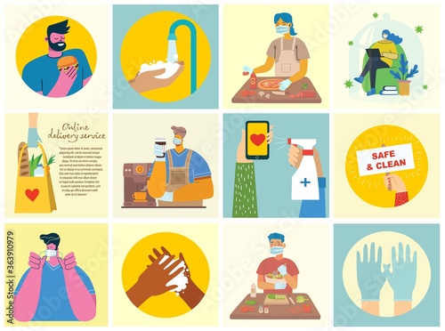 Set of posters with hands washed clean. Meal protected from virus. Healthcare purpose set of illustration. Vector illustration in modern flat style. Corona virus protection concept.