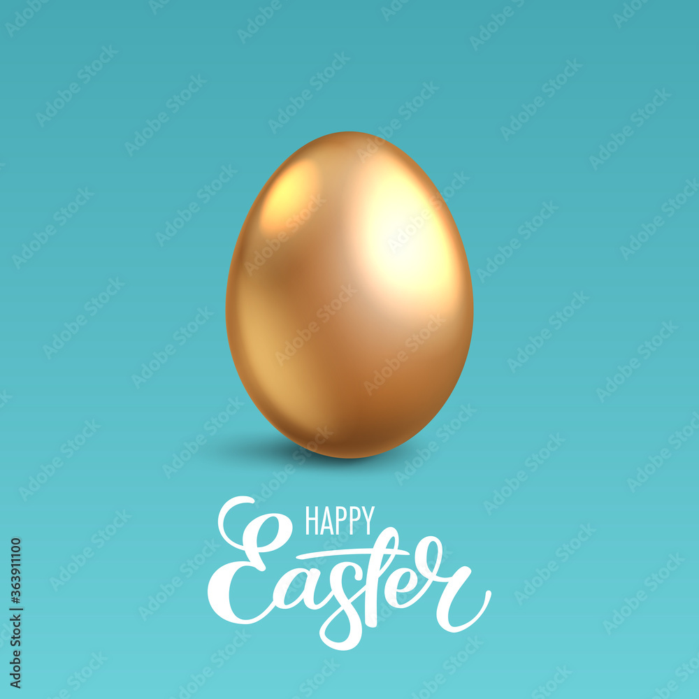 Realistic golden egg on blue background. Easter greeting card or invitation template Realistic golden egg on blue background. Easter greeting card or invitation template