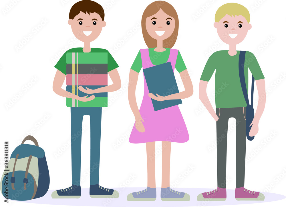 Three students school standing together holding books and backpack.Vector illustration cartoon character