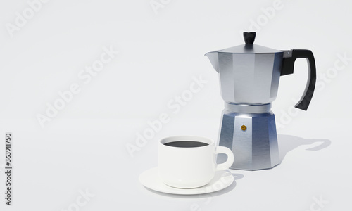 Portable coffee Moka pot for making espresso. Aluminum coffee pot. Use with gas stoves or magnetic stoves. white background and wallpaper. Black coffee in white mug. 3d rendering.