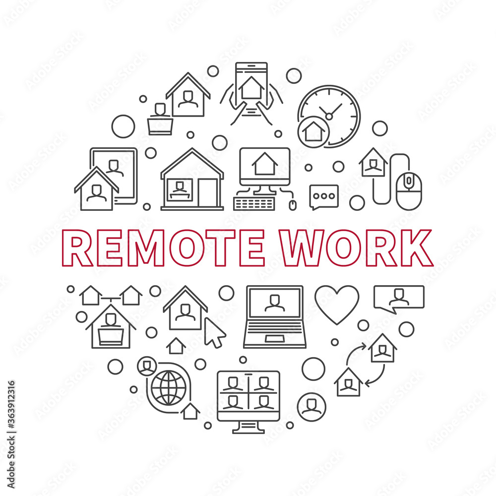 Vector Remote Work concept simple round illustration in outline style