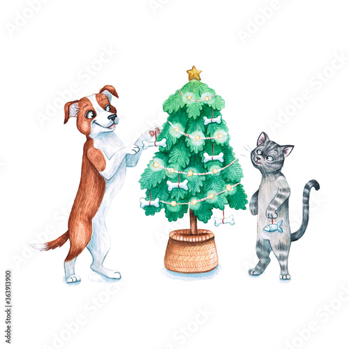 Watercolor illustration of a funny сat and dog. Cute cat and dogisolated on white background. Watercolor hand-drawn illustration. Animal Clip Art. Clipart.
 Watercolor cartoon style illustration. photo