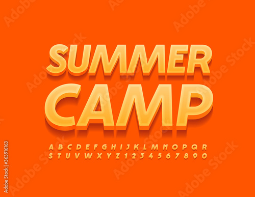 Vector bright logo Summer Camp. Modern Orange Font. 3D Sunny Alphabet Letters and Numbers