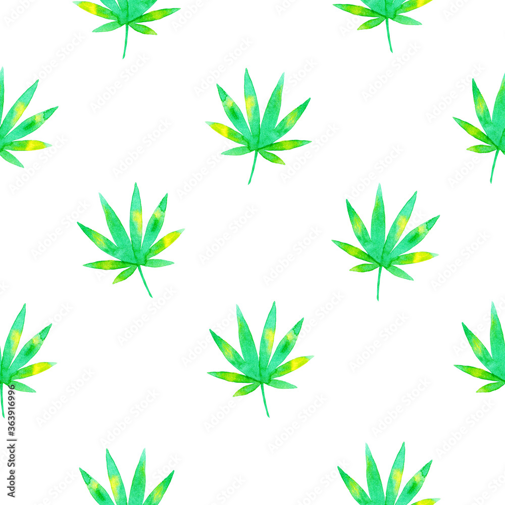 Seamless pattern with leaves on white background, watercolor 