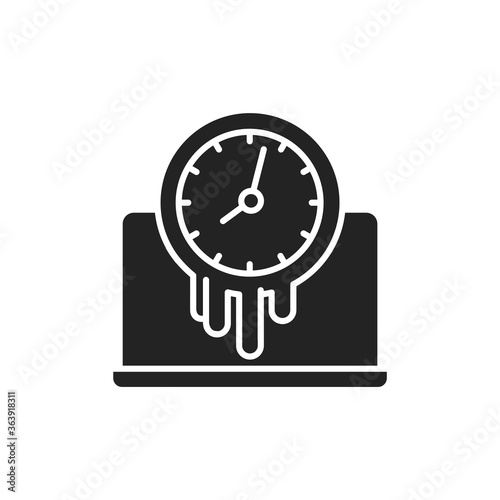 Waste time black glyph icon. Time spent near computer concept. Sign for web page, mobile app, button, logo. Vector isolated element.