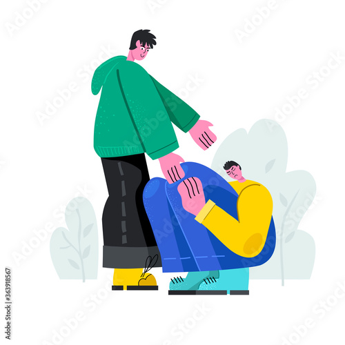 A young man comforts a sad guy, helping hand. The concept of empathy. Vector stock illustration. Flat design. Isolated on a white background.
