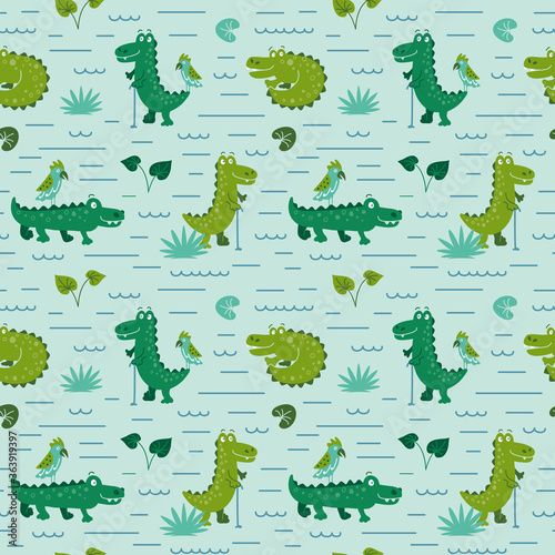 Cartoon seamless pattern with crocodiles  parrots and plants. Kids illustration 