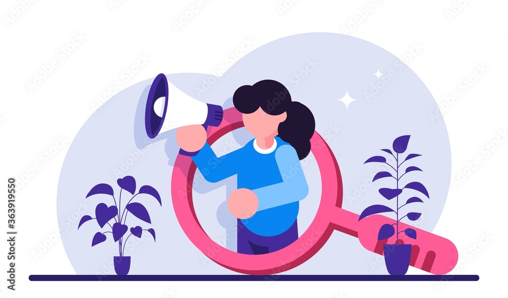 Marketing concept. Promotion of goods or services. A girl in the background of a large magnifying glass speaks in a loudspeaker. Modern flat illustration. Marketing concept. Promotion of goods or services. A girl in the background of a large magnifying glass speaks in a loudspeaker. Modern flat illustration.