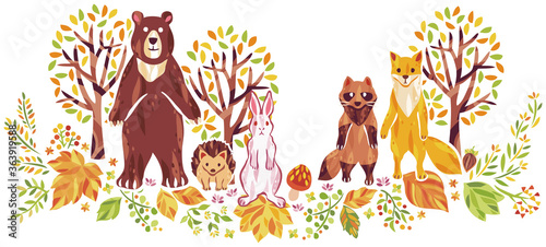 秋の紅葉や動物　イラスト