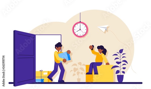 New house concept. A young family brings boxes into a purchased apartment or house. Buying a living space. Rent a property. Modern flat illustration.