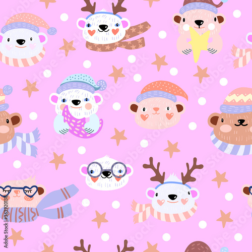 Scandinavian Christmas seamless pattern with cute holiday bears, hats, scarfs, stars, moose antlers on pink background. Kids vector texture for fabric, wrapping paper. Forest repeat Christmas print