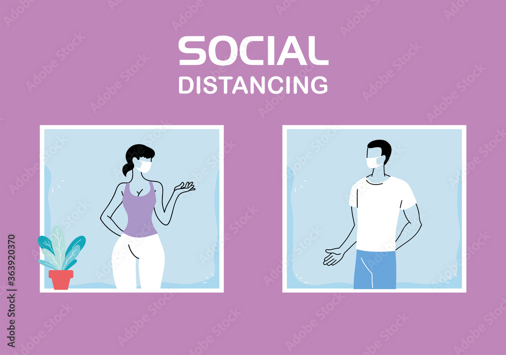 couple in apartment window in social distancing couple in apartment window in social distancing