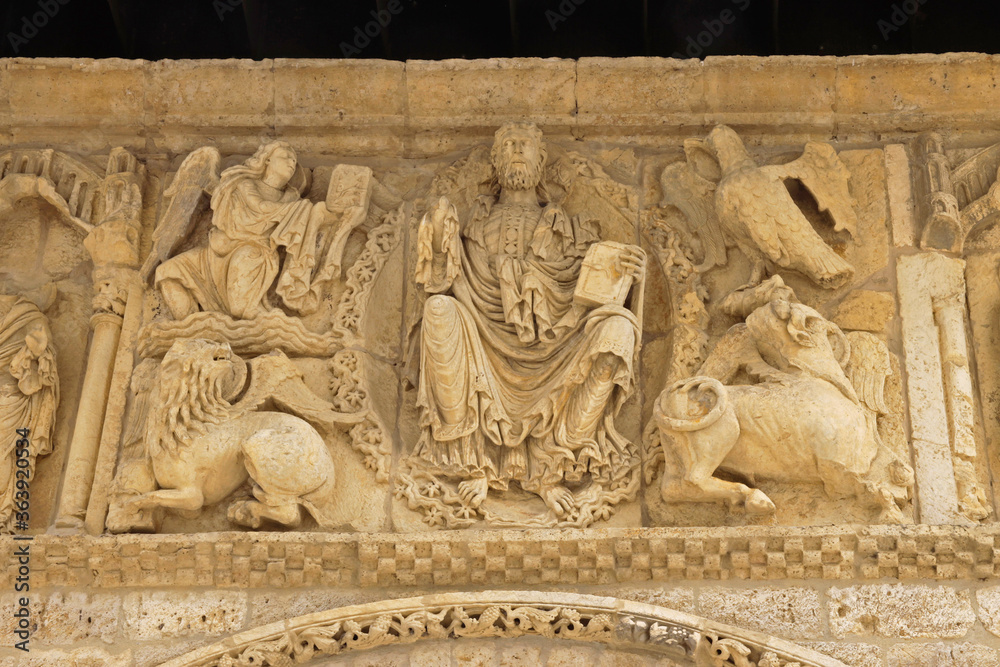 Christ Pantocrator of the sculpted frieze above the doorway of Santiago romanesque church. Was built in the middle of the 12th century on the main street that crosses the city of Carrión de los Condes