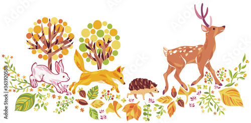 秋の紅葉や動物　イラスト