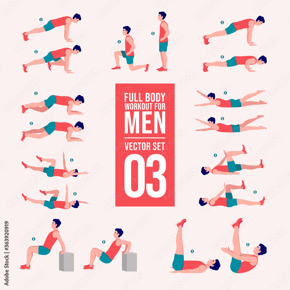 Workout Men Set. Male Doing Fitness And Yoga Exercises. Lunges And Squats,  Plank And Abc. Full Body Workout. Stock Vector | Adobe Stock