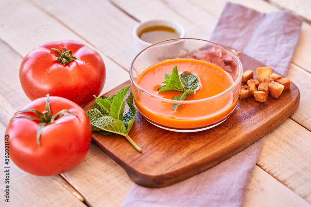 Top view of a gazpacho plate. Healthy food concept and Mediterranean diet. Top view of a gazpacho plate. Healthy food concept and Mediterranean diet.