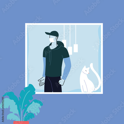 man in apartment window in social distancing