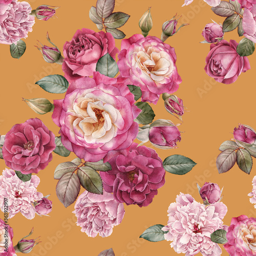 Floral seamless pattern with watercolor red roses and pink peonies