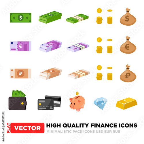 Finance set icons - money dollars, euro, ruble. High quality vector icons.