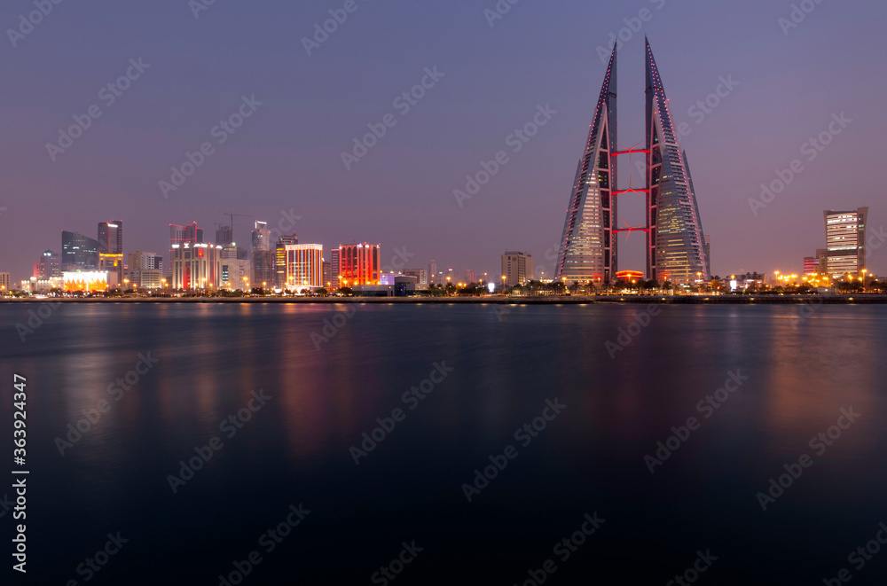 Bahrain Sklyine during dusk with illuminated buildings