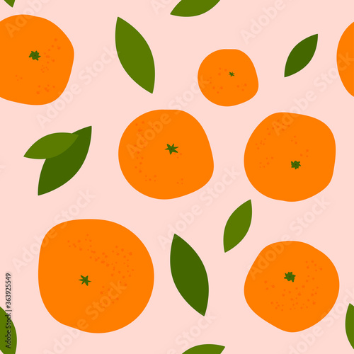 seamless pattern with bright orange citruses on a light coloured background. ripe oranges, tangerines and leaves. modern abstract design for packaging, print for clothes, fabric