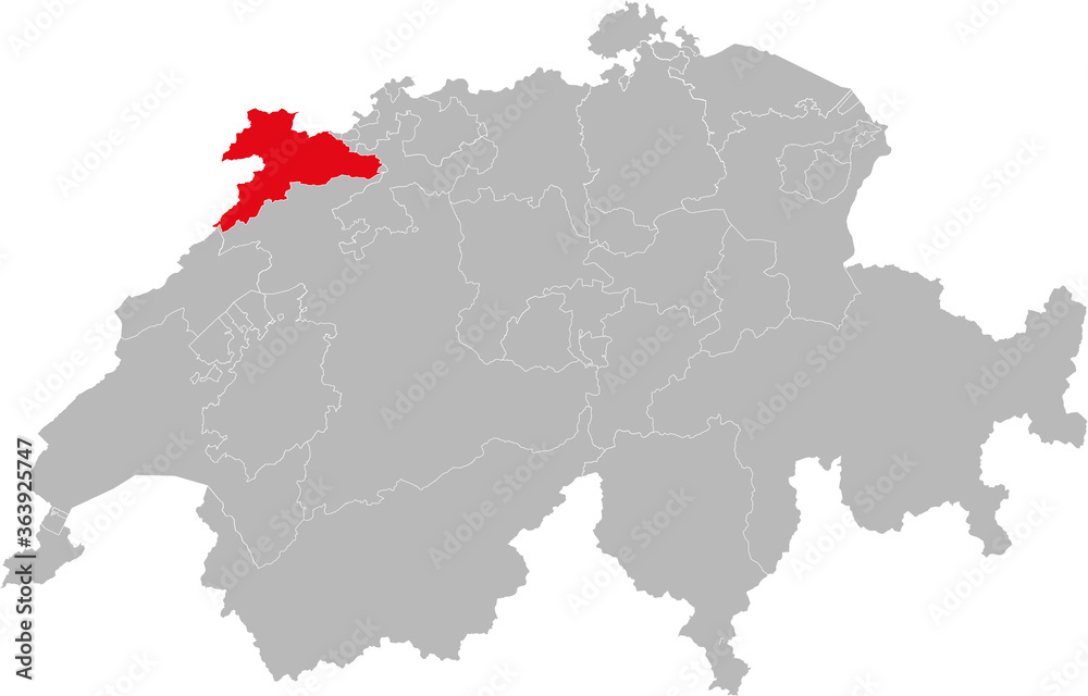 Jura canton isolated on Switzerland map. Gray background. Backgrounds and Wallpapers.