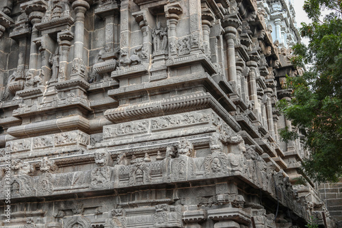 Carving on the walls of an ancient temple. Great South Indian architecture