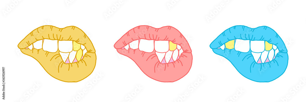 Bright colored sexy lips and teeth on an isolated white background. Beautiful Vecton set for design and print on fabric, stickers, greeting card. Kiss day, oral care and hygiene concept. Golden teeth Bright colored sexy lips and teeth on an isolated white background. Beautiful Vecton set for design and print on fabric, stickers, greeting card. Kiss day, oral care and hygiene concept. Golden teeth